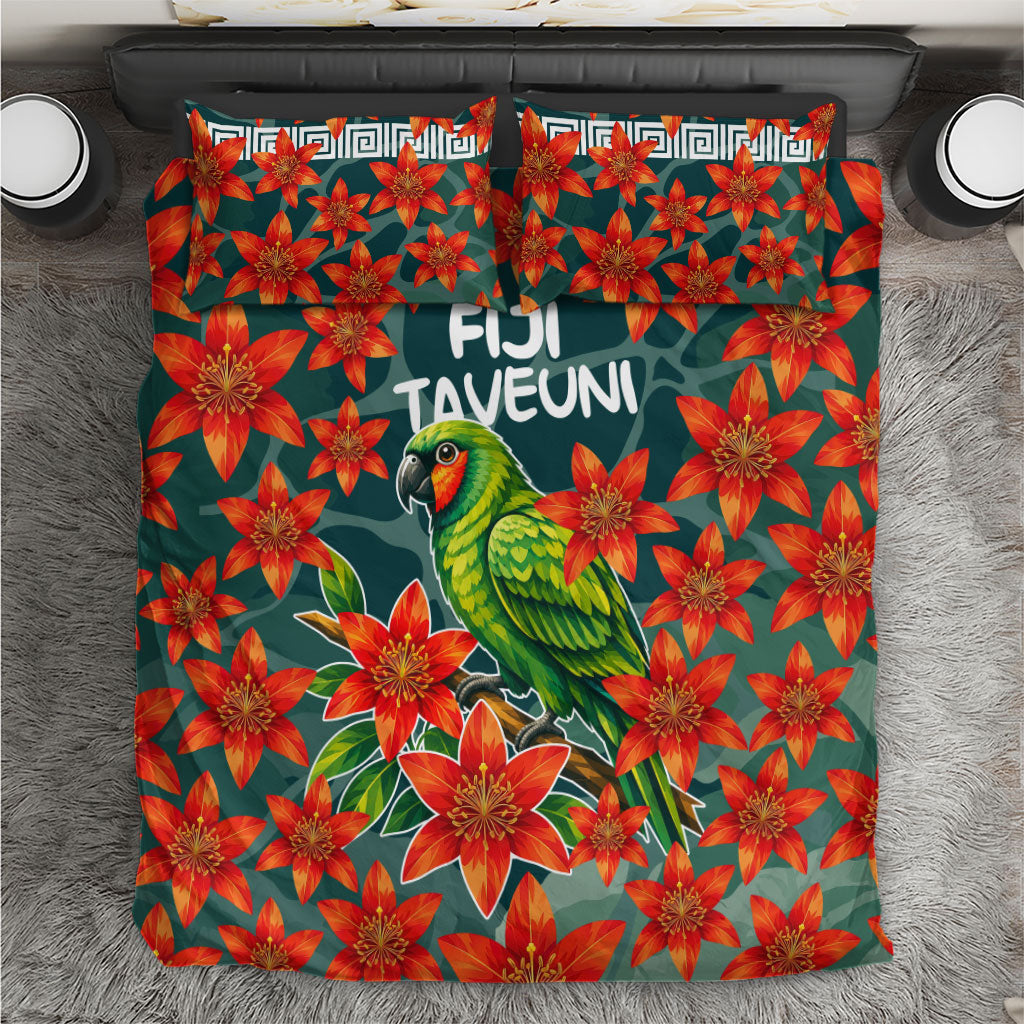 Fiji Taveuni Parrot Bedding Set Tropical Waterfall Landscape With Floral Tribal Pattern
