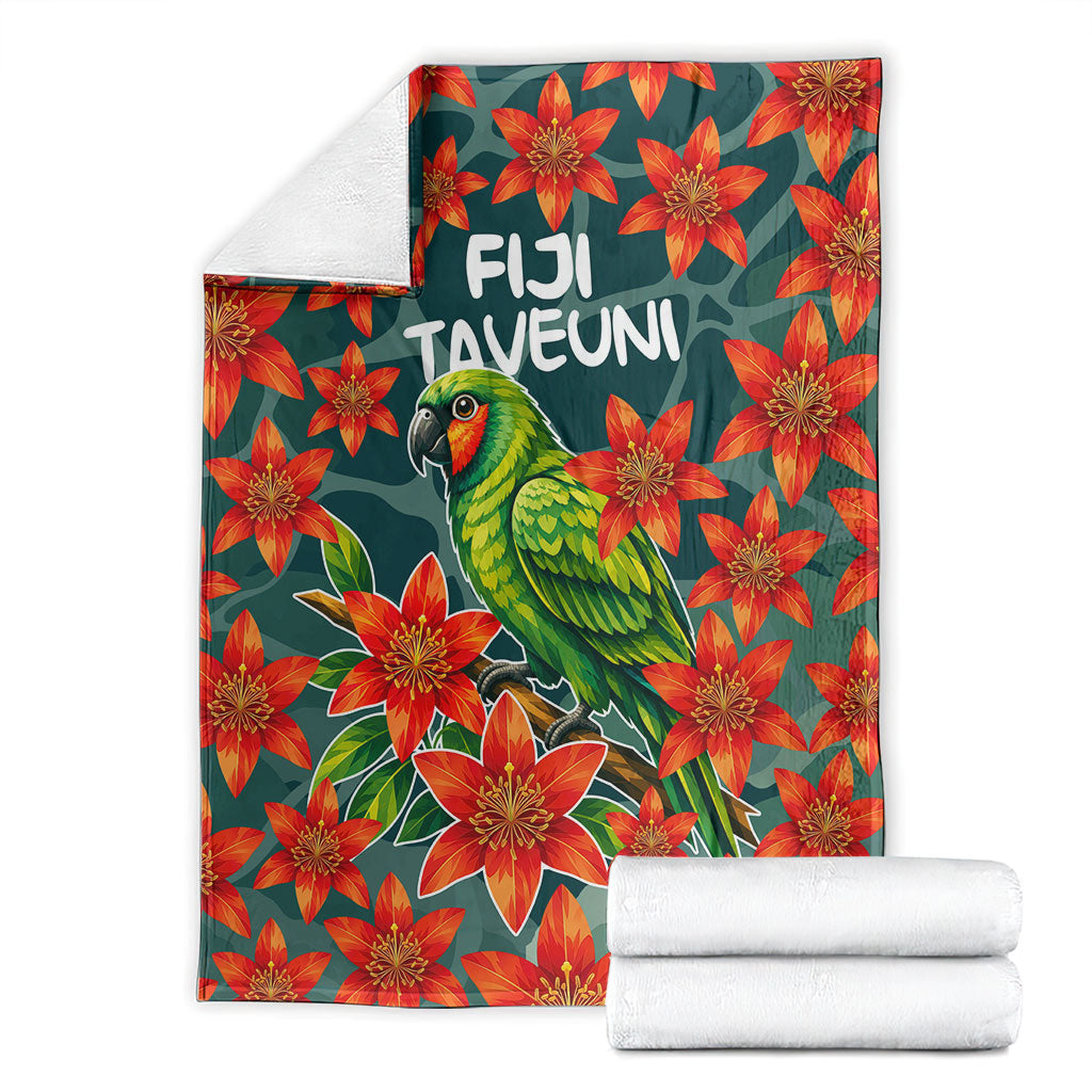 Fiji Taveuni Parrot Blanket Tropical Waterfall Landscape With Floral Tribal Pattern