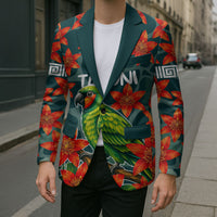 Fiji Taveuni Parrot Blazer Tropical Waterfall Landscape With Floral Tribal Pattern