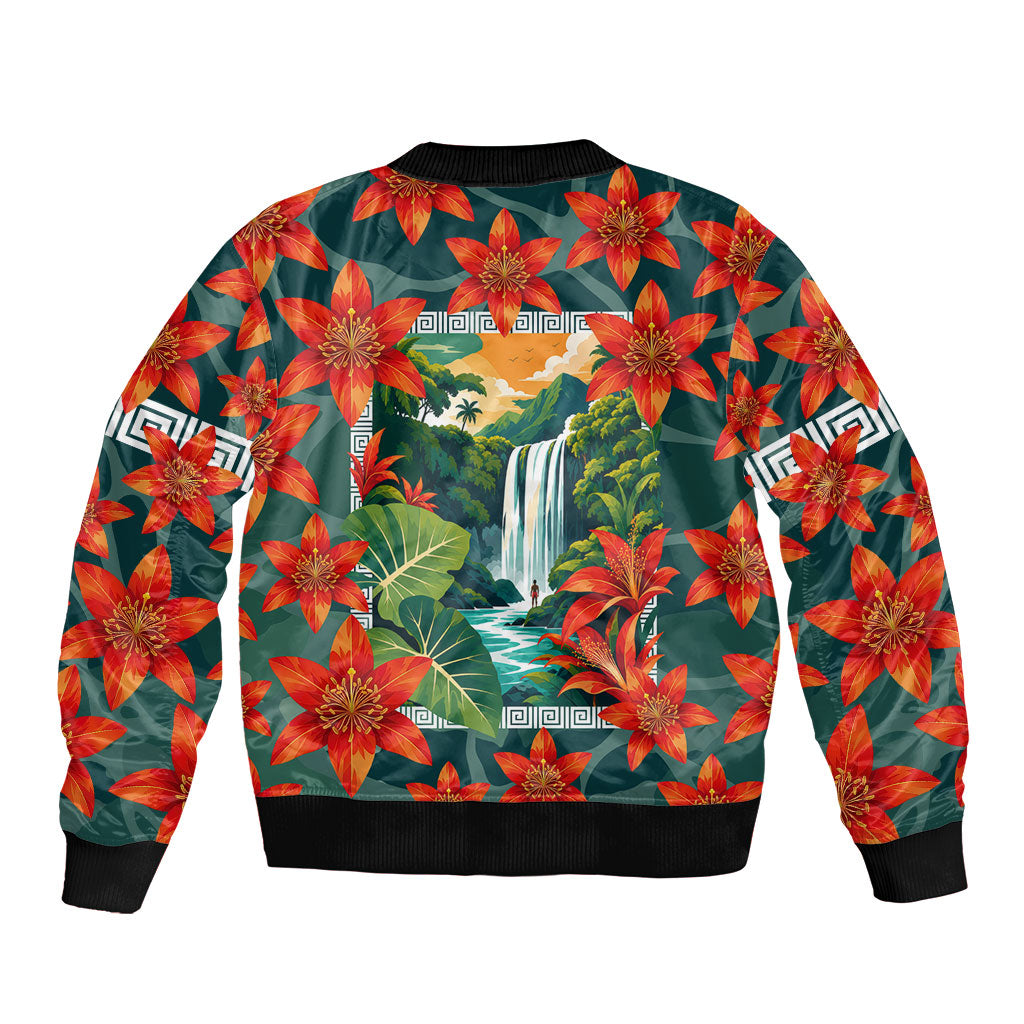 Fiji Taveuni Parrot Bomber Jacket Tropical Waterfall Landscape With Floral Tribal Pattern