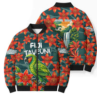 Fiji Taveuni Parrot Bomber Puffer Jacket Tropical Waterfall Landscape With Floral Tribal Pattern