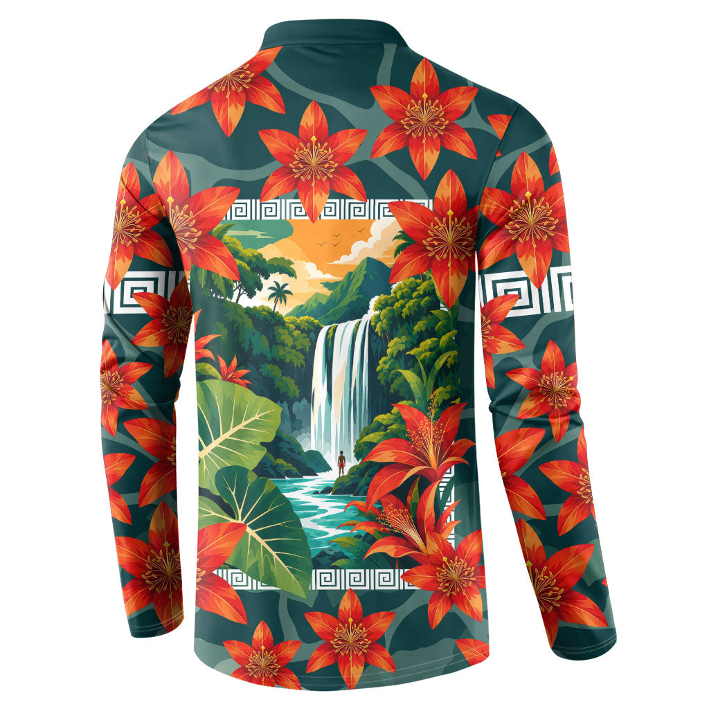 Fiji Taveuni Parrot Button Sweatshirt Tropical Waterfall Landscape With Floral Tribal Pattern