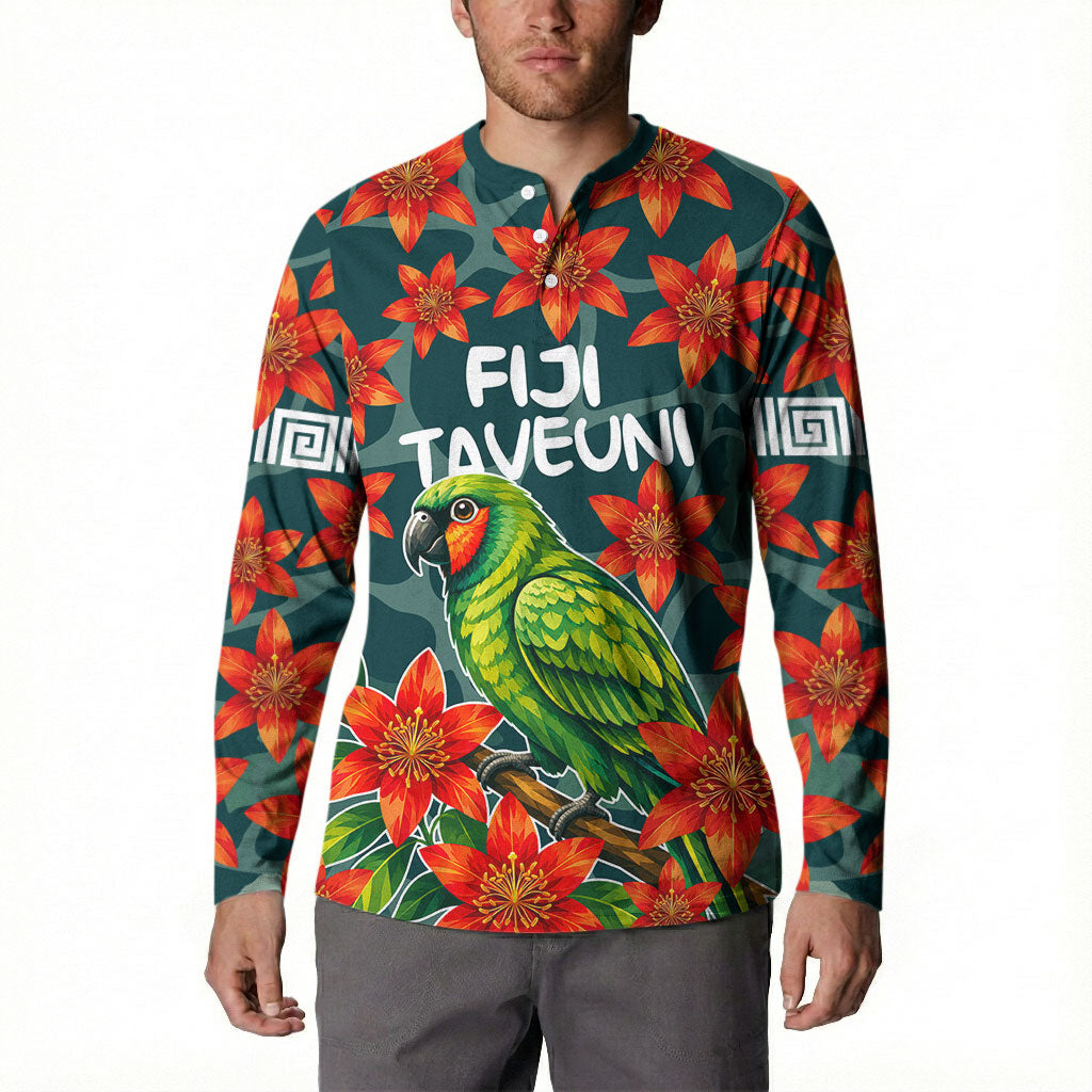 Fiji Taveuni Parrot Button Sweatshirt Tropical Waterfall Landscape With Floral Tribal Pattern
