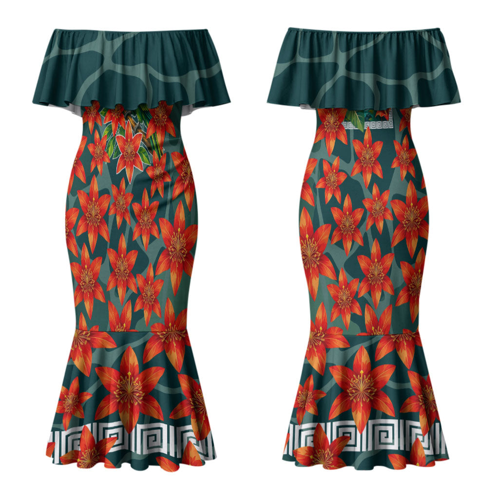 Fiji Taveuni Parrot Couples Matching Mermaid Dress and Long Sleeve Button Shirt Tropical Waterfall Landscape With Floral Tribal Pattern