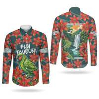 Fiji Taveuni Parrot Couples Matching Off Shoulder Maxi Dress and Long Sleeve Button Shirt Tropical Waterfall Landscape With Floral Tribal Pattern