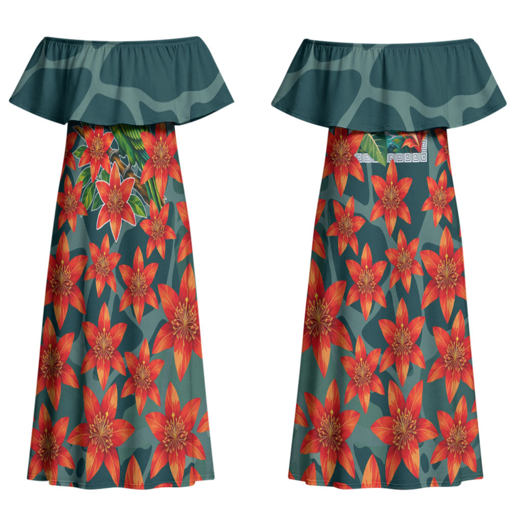 Fiji Taveuni Parrot Couples Matching Off Shoulder Maxi Dress and Long Sleeve Button Shirt Tropical Waterfall Landscape With Floral Tribal Pattern