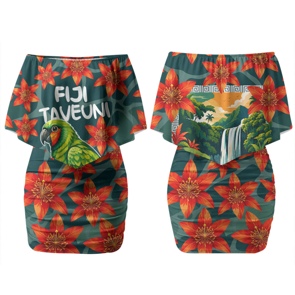 Fiji Taveuni Parrot Couples Matching Off Shoulder Short Dress and Hawaiian Shirt Tropical Waterfall Landscape With Floral Tribal Pattern