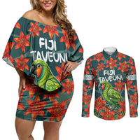 Fiji Taveuni Parrot Couples Matching Off Shoulder Short Dress and Long Sleeve Button Shirt Tropical Waterfall Landscape With Floral Tribal Pattern