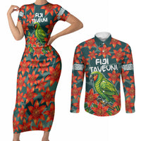 Fiji Taveuni Parrot Couples Matching Short Sleeve Bodycon Dress and Long Sleeve Button Shirt Tropical Waterfall Landscape With Floral Tribal Pattern