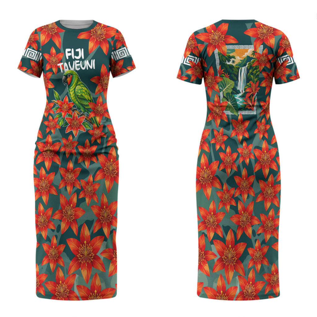 Fiji Taveuni Parrot Couples Matching Short Sleeve Bodycon Dress and Long Sleeve Button Shirt Tropical Waterfall Landscape With Floral Tribal Pattern