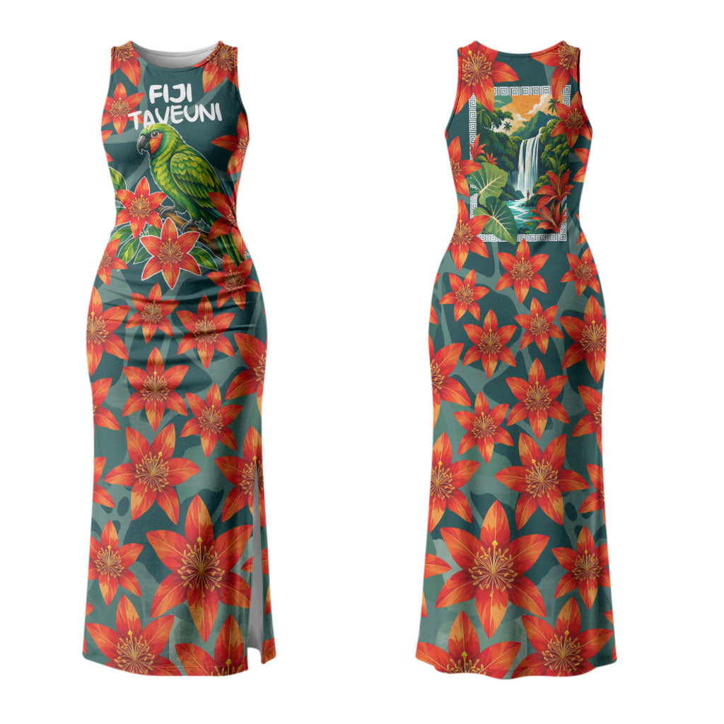 Fiji Taveuni Parrot Couples Matching Tank Maxi Dress and Long Sleeve Button Shirt Tropical Waterfall Landscape With Floral Tribal Pattern