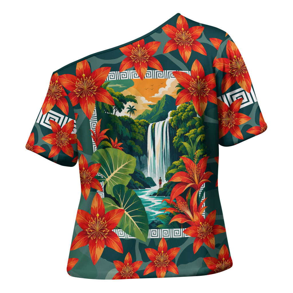 Fiji Taveuni Parrot Cross Shoulder Shirt Tropical Waterfall Landscape With Floral Tribal Pattern