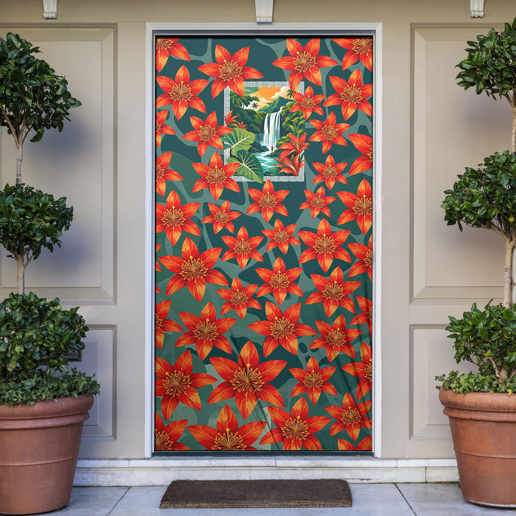 Fiji Taveuni Parrot Door Cover Tropical Waterfall Landscape With Floral Tribal Pattern TS04 Green Orange - Polynesian Pride