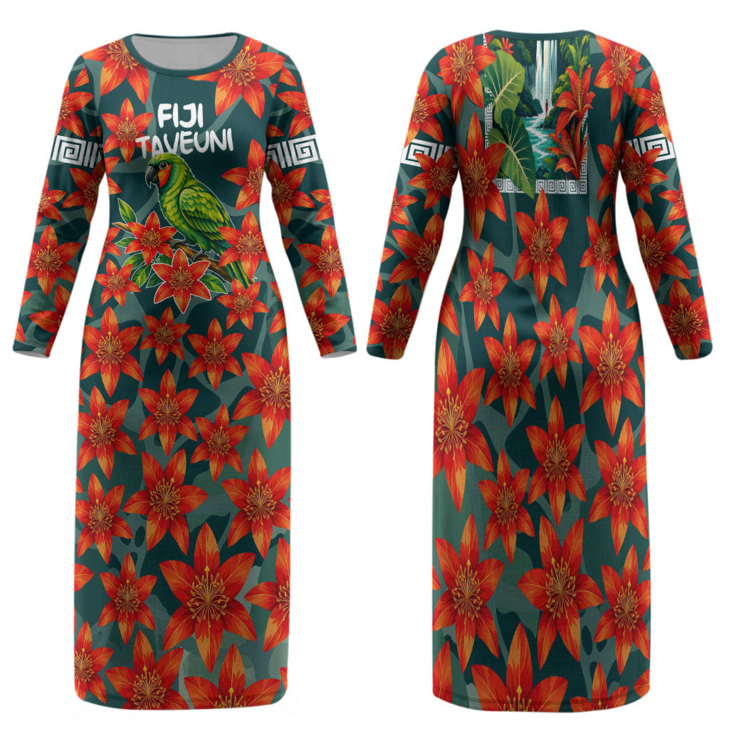Fiji Taveuni Parrot Family Matching Long Sleeve Bodycon Dress and Hawaiian Shirt Tropical Waterfall Landscape With Floral Tribal Pattern