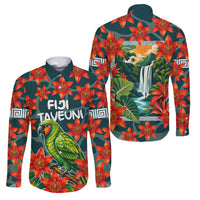 Fiji Taveuni Parrot Family Matching Long Sleeve Bodycon Dress and Hawaiian Shirt Tropical Waterfall Landscape With Floral Tribal Pattern