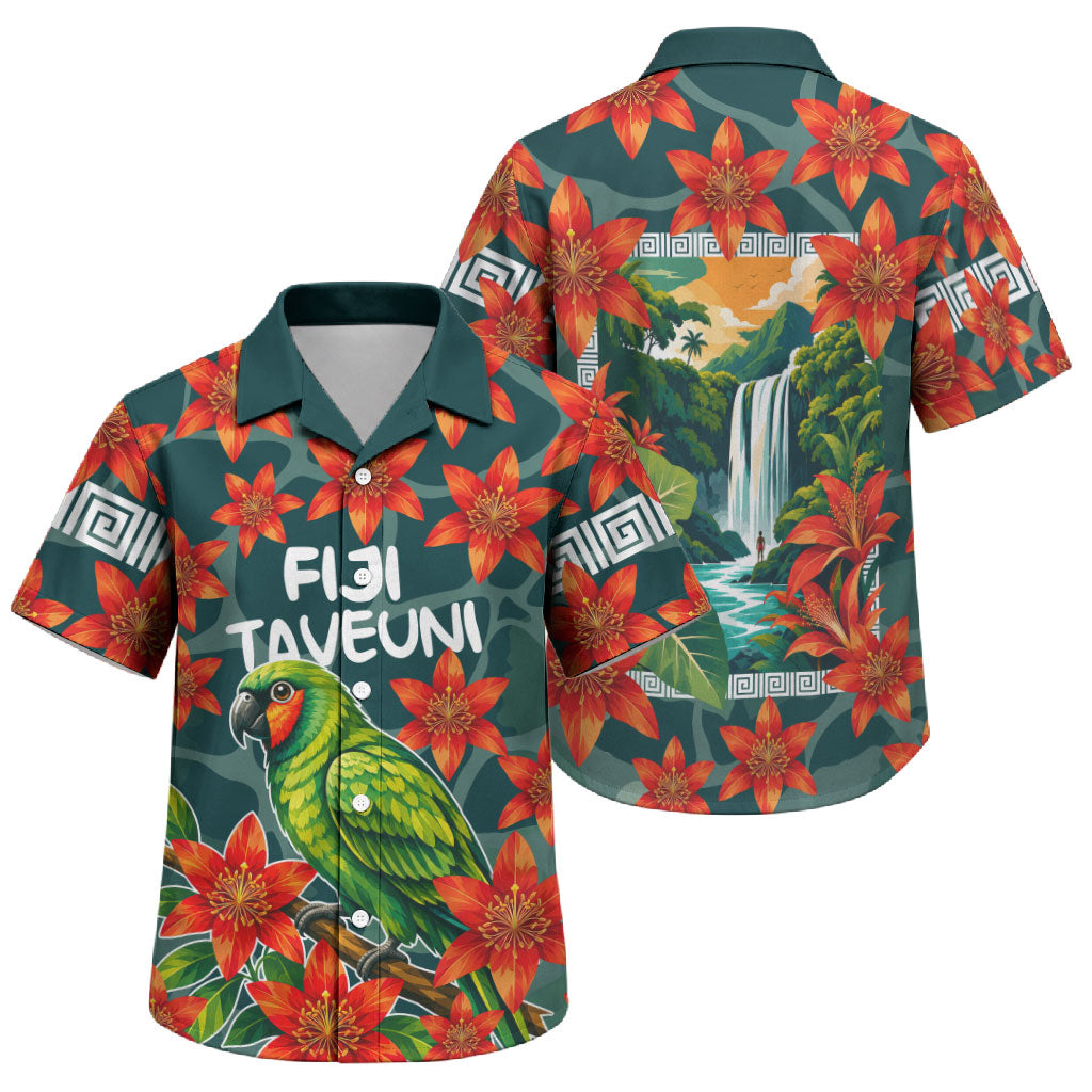 Fiji Taveuni Parrot Family Matching Long Sleeve Bodycon Dress and Hawaiian Shirt Tropical Waterfall Landscape With Floral Tribal Pattern