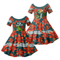 Fiji Taveuni Parrot Family Matching Mermaid Dress and Hawaiian Shirt Tropical Waterfall Landscape With Floral Tribal Pattern