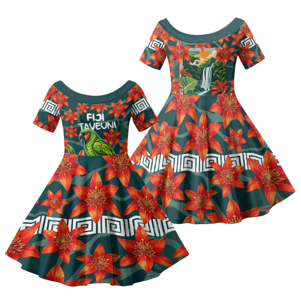 Fiji Taveuni Parrot Family Matching Off The Shoulder Long Sleeve Dress and Hawaiian Shirt Tropical Waterfall Landscape With Floral Tribal Pattern