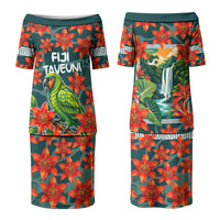 Fiji Taveuni Parrot Family Matching Puletasi and Hawaiian Shirt Tropical Waterfall Landscape With Floral Tribal Pattern