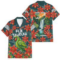 Fiji Taveuni Parrot Family Matching Puletasi and Hawaiian Shirt Tropical Waterfall Landscape With Floral Tribal Pattern