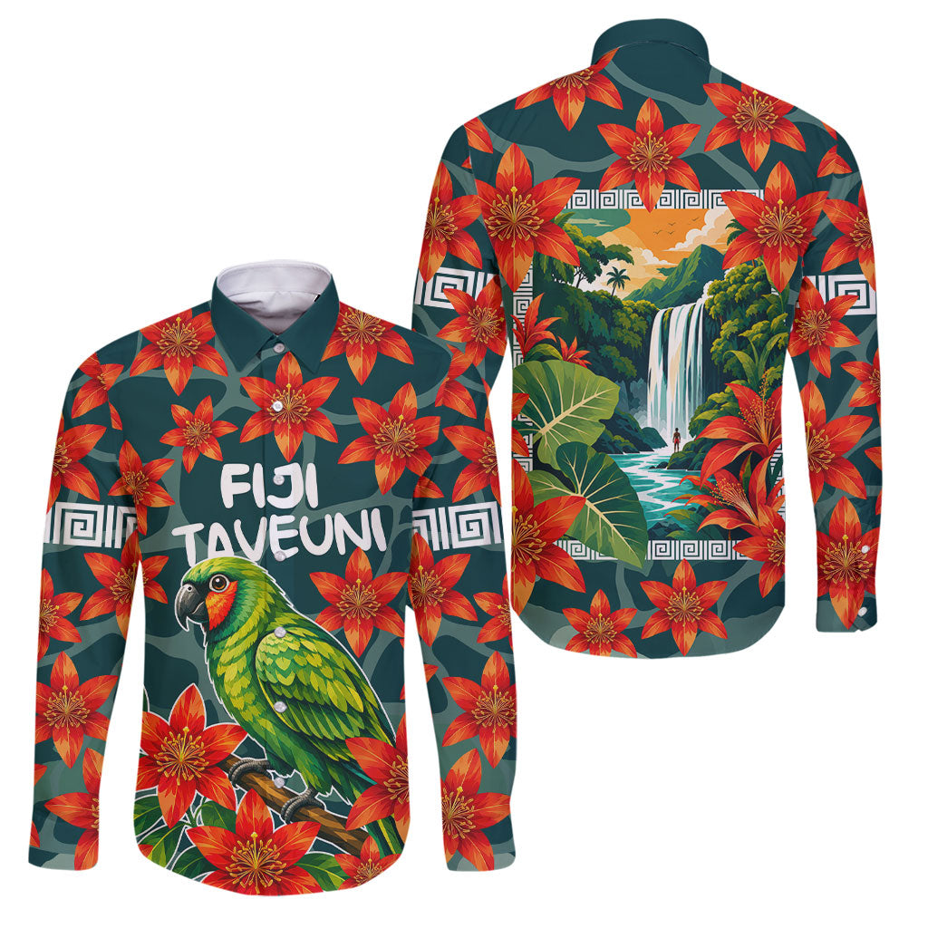 Fiji Taveuni Parrot Family Matching Puletasi and Hawaiian Shirt Tropical Waterfall Landscape With Floral Tribal Pattern