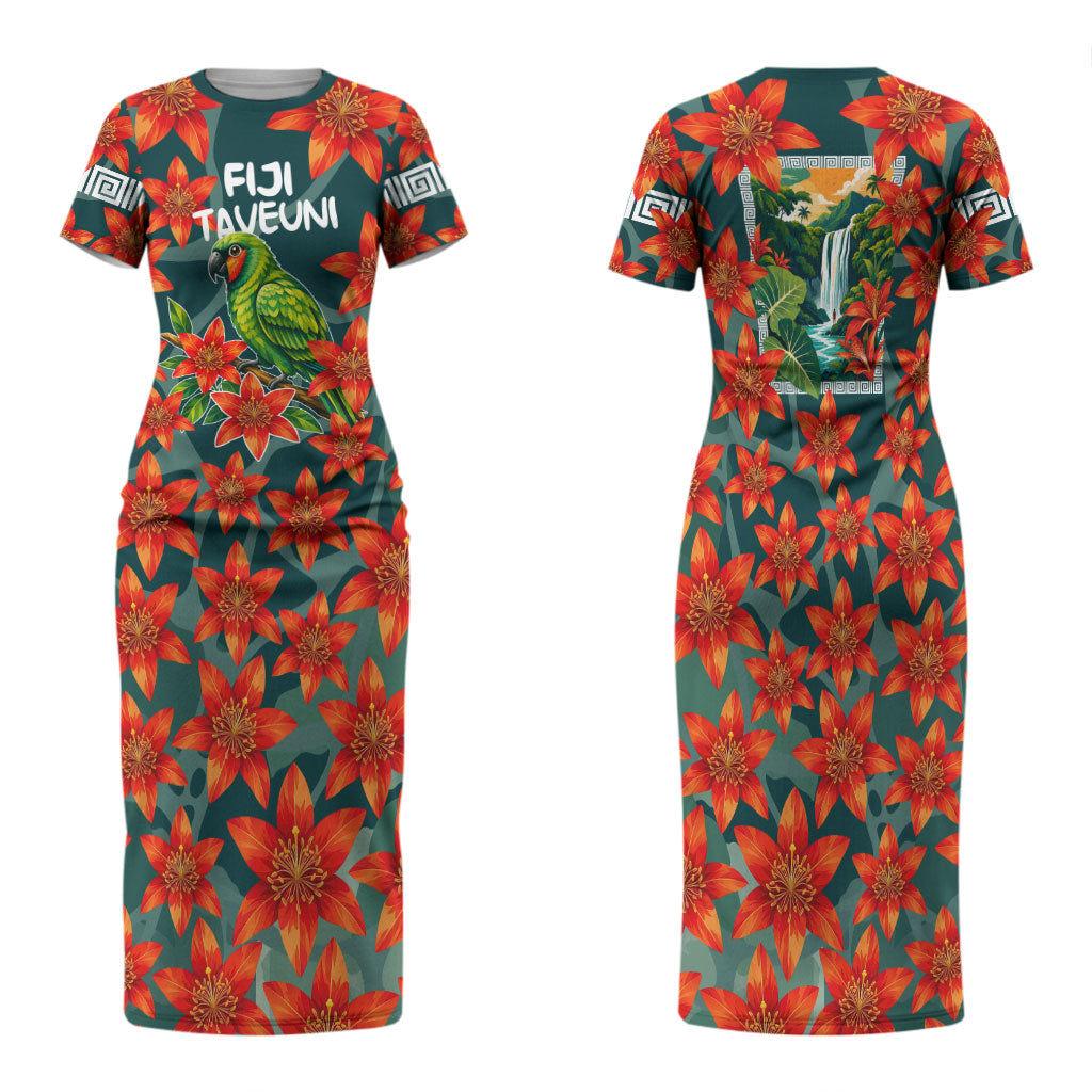Fiji Taveuni Parrot Family Matching Short Sleeve Bodycon Dress and Hawaiian Shirt Tropical Waterfall Landscape With Floral Tribal Pattern