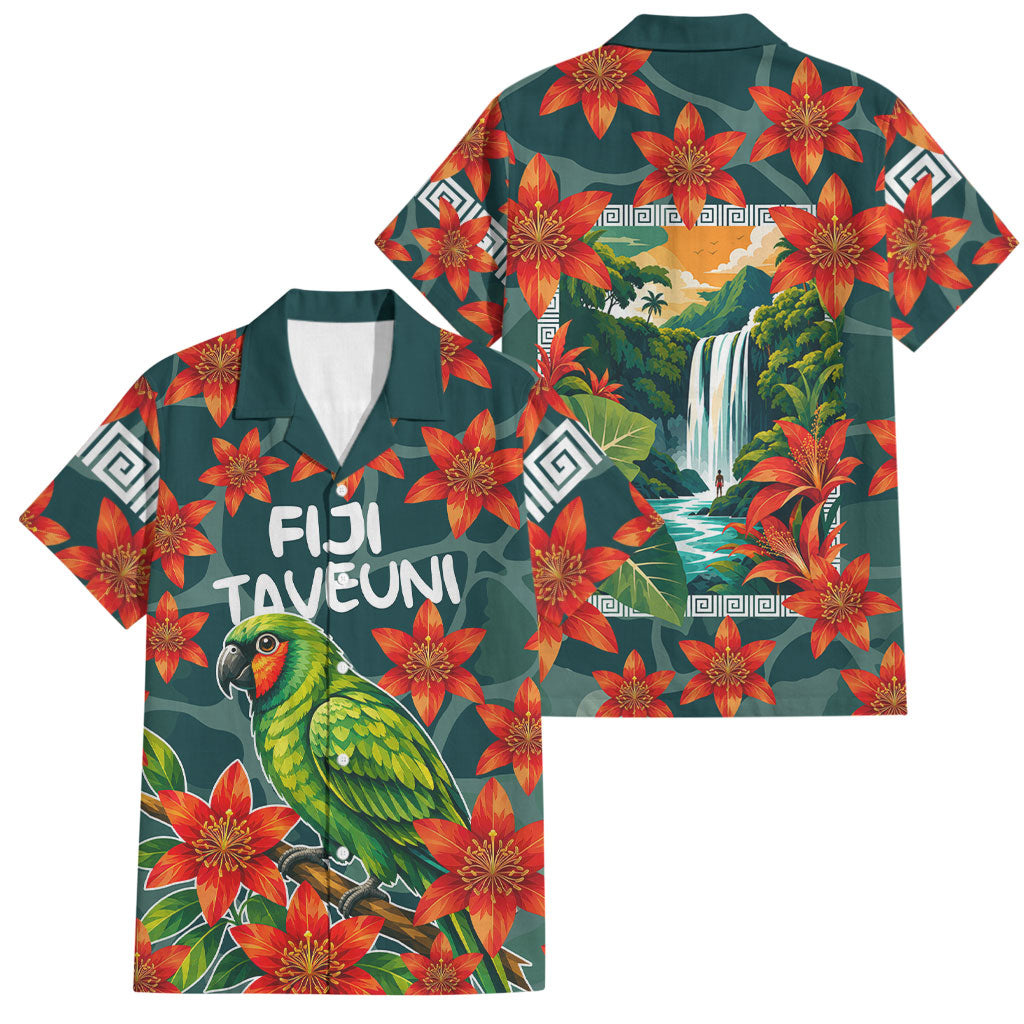 Fiji Taveuni Parrot Family Matching Short Sleeve Bodycon Dress and Hawaiian Shirt Tropical Waterfall Landscape With Floral Tribal Pattern