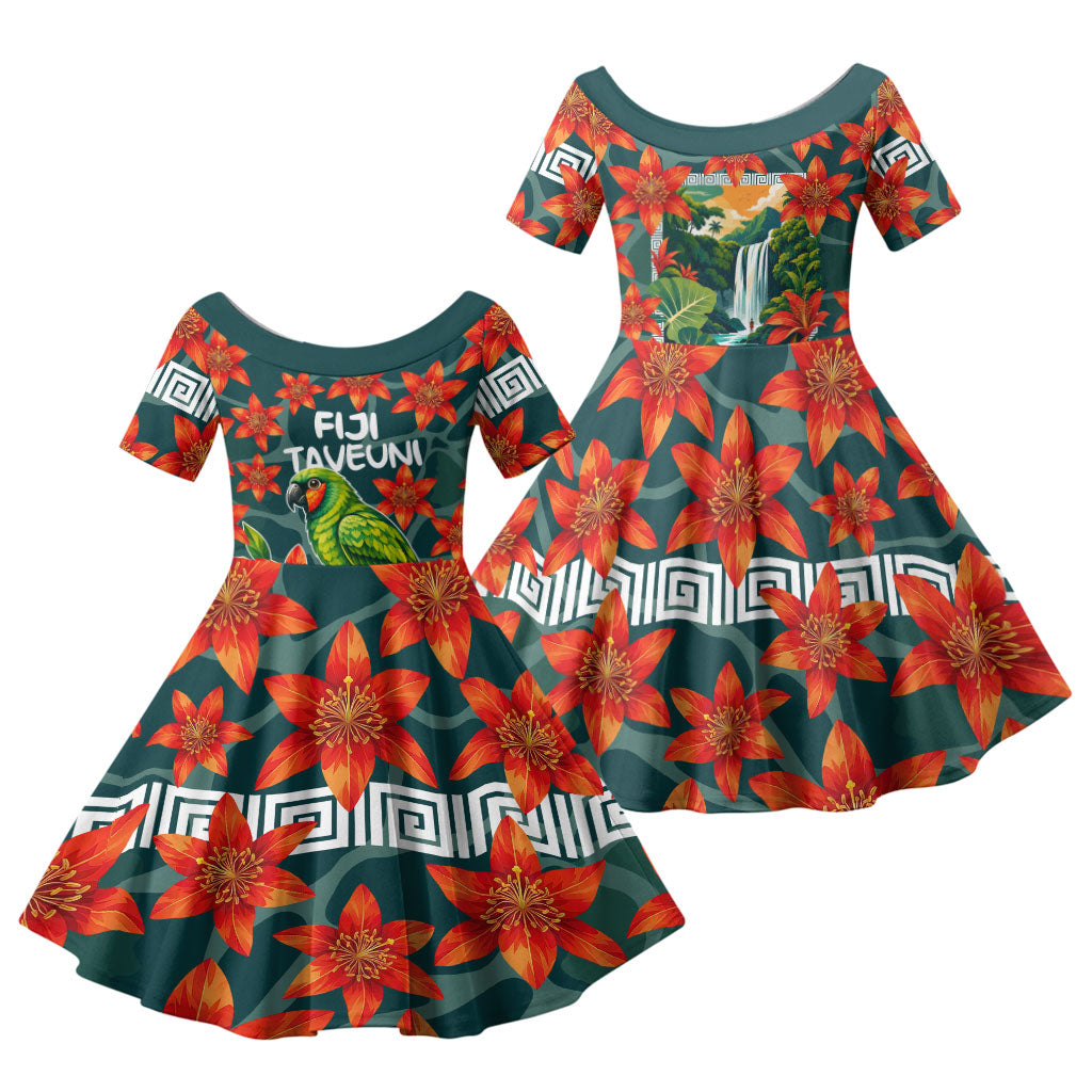Fiji Taveuni Parrot Family Matching Tank Maxi Dress and Hawaiian Shirt Tropical Waterfall Landscape With Floral Tribal Pattern