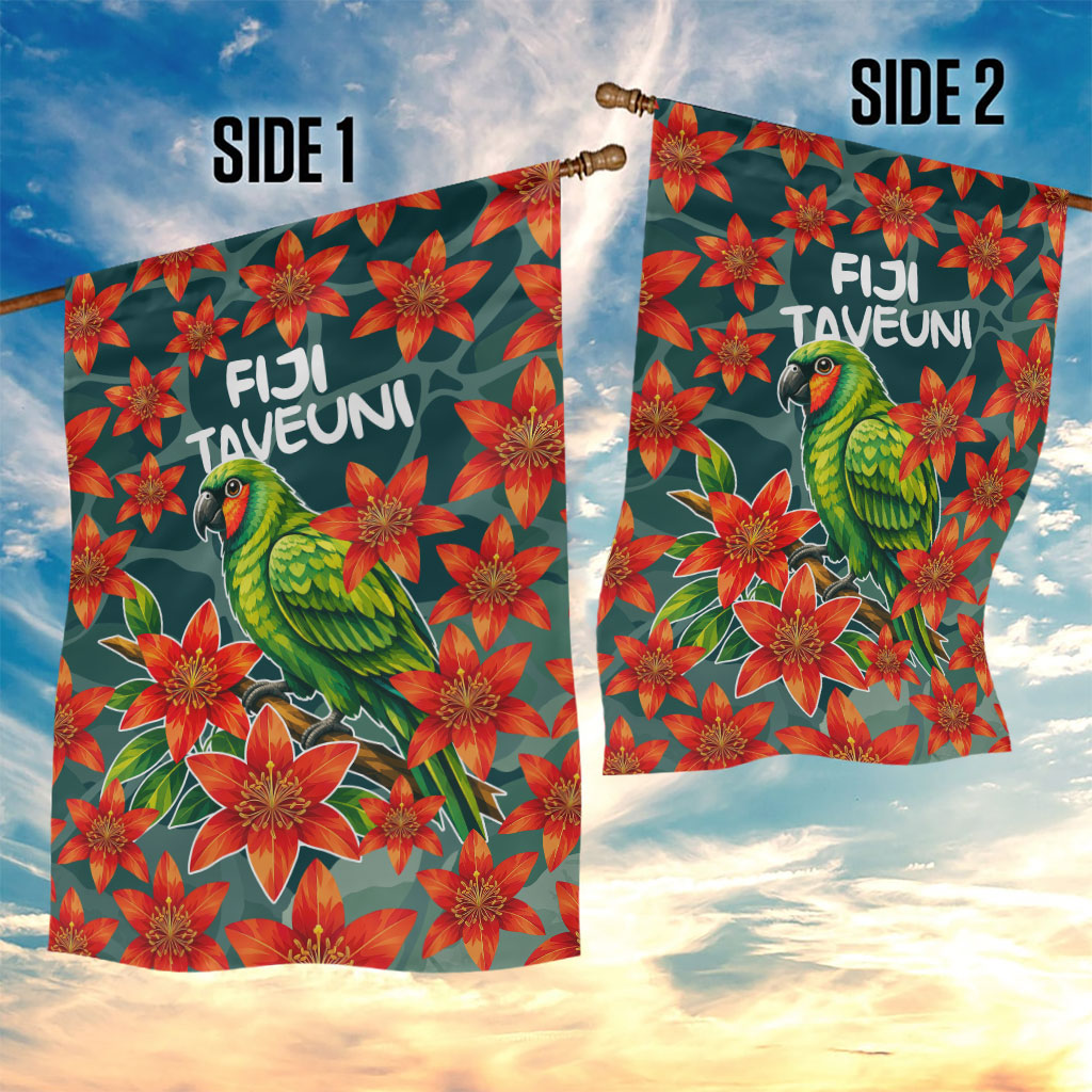 Fiji Taveuni Parrot Garden Flag Tropical Waterfall Landscape With Floral Tribal Pattern
