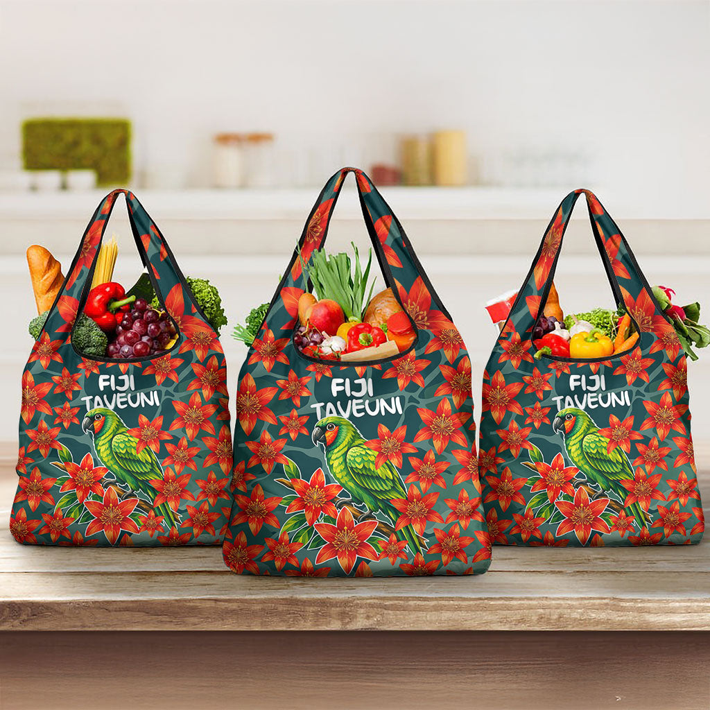 Fiji Taveuni Parrot Grocery Bag Tropical Waterfall Landscape With Floral Tribal Pattern