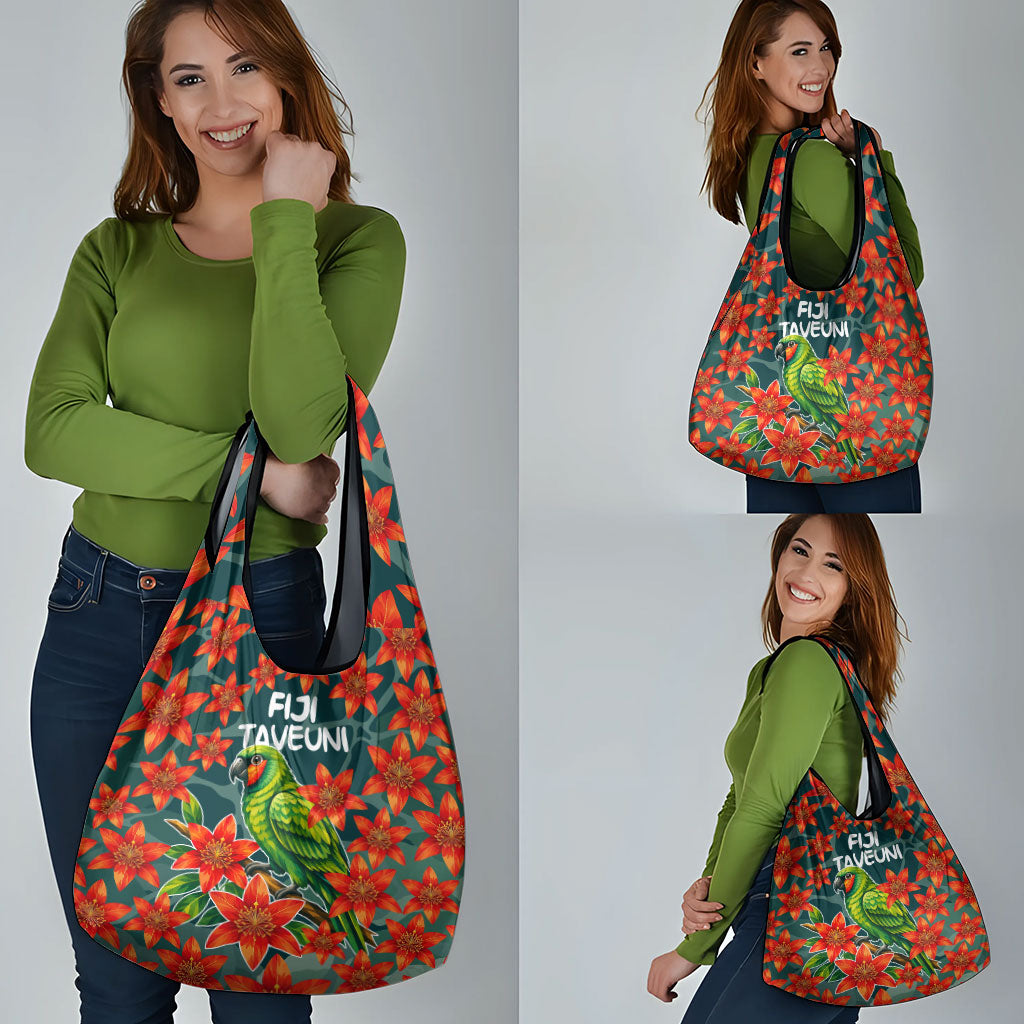 Fiji Taveuni Parrot Grocery Bag Tropical Waterfall Landscape With Floral Tribal Pattern