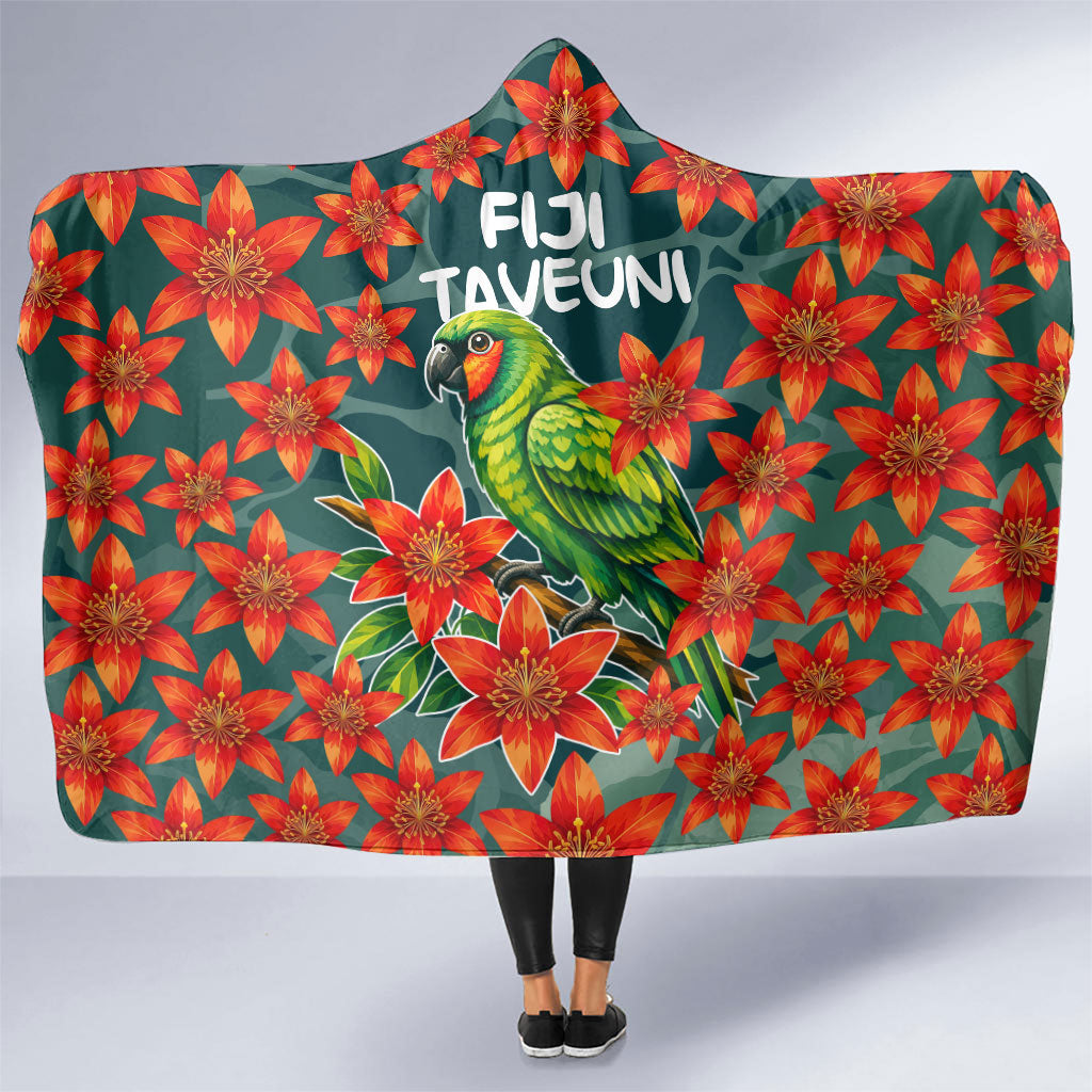Fiji Taveuni Parrot Hooded Blanket Tropical Waterfall Landscape With Floral Tribal Pattern
