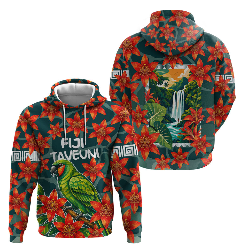Fiji Taveuni Parrot Hoodie Tropical Waterfall Landscape With Floral Tribal Pattern
