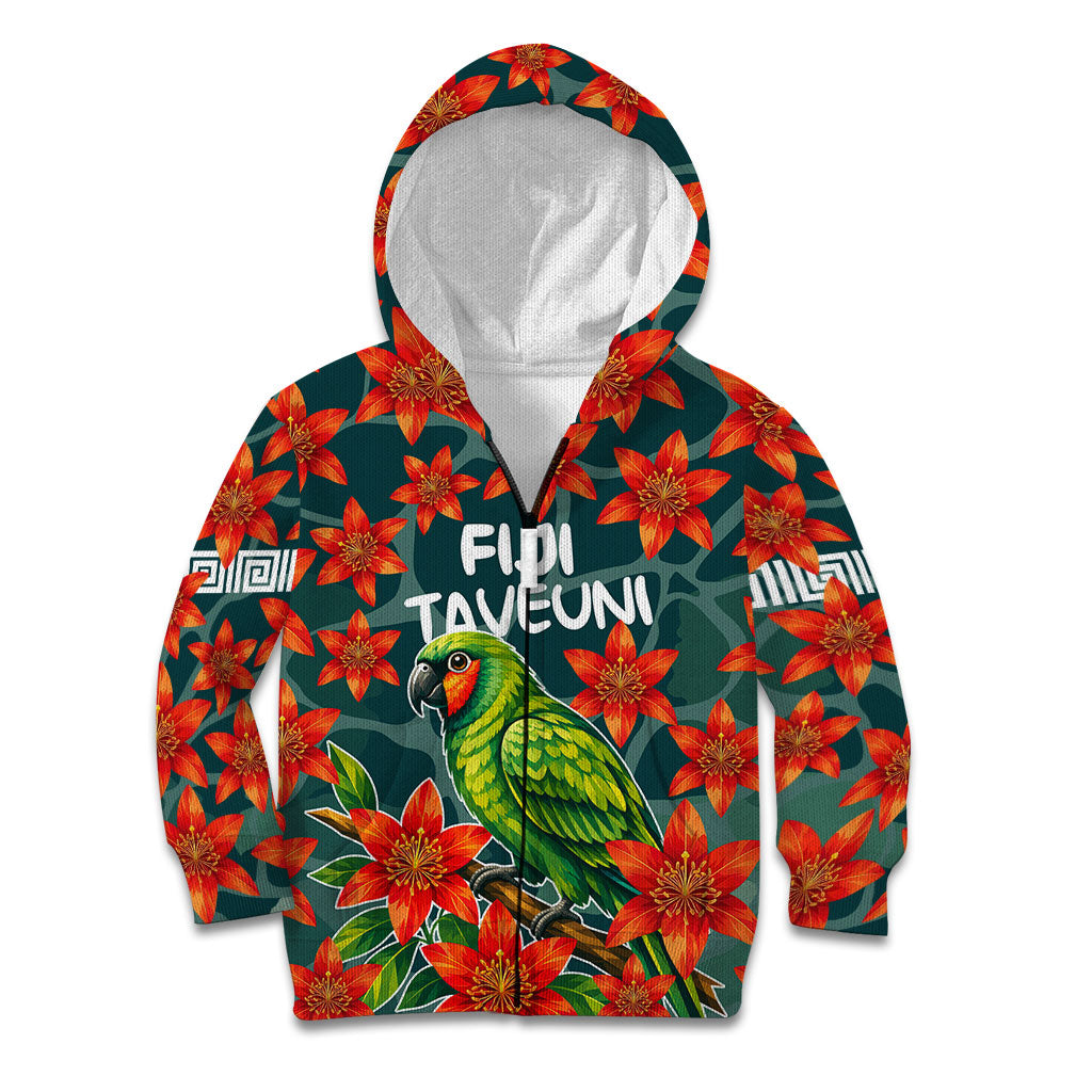 Fiji Taveuni Parrot Kid Hoodie Tropical Waterfall Landscape With Floral Tribal Pattern