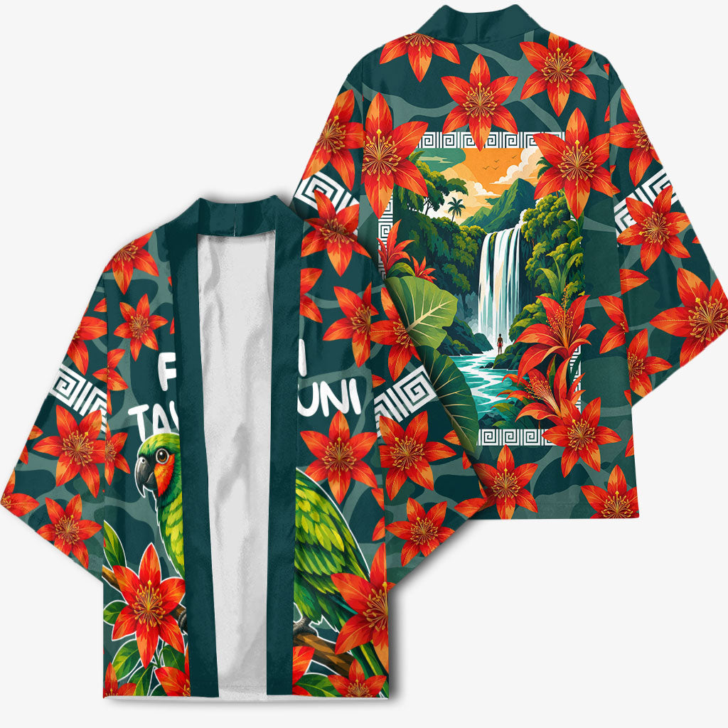 Fiji Taveuni Parrot Kimono Tropical Waterfall Landscape With Floral Tribal Pattern