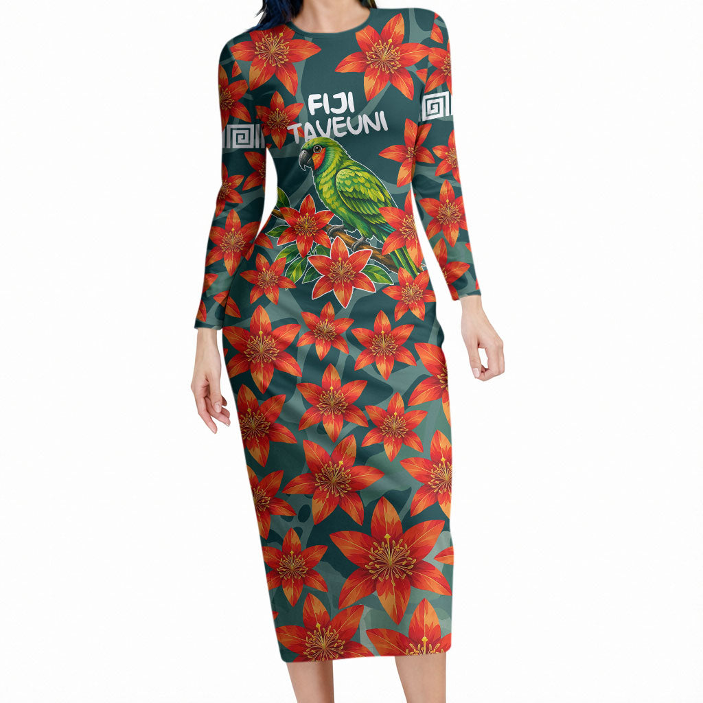 Fiji Taveuni Parrot Long Sleeve Bodycon Dress Tropical Waterfall Landscape With Floral Tribal Pattern