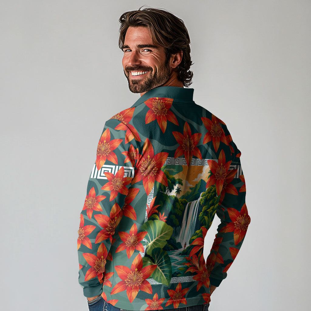 Fiji Taveuni Parrot Long Sleeve Polo Shirt Tropical Waterfall Landscape With Floral Tribal Pattern