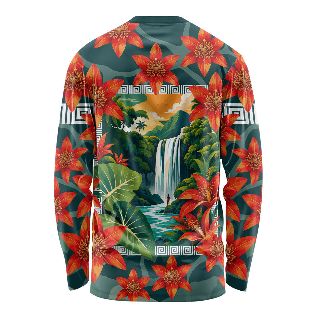 Fiji Taveuni Parrot Long Sleeve Shirt Tropical Waterfall Landscape With Floral Tribal Pattern