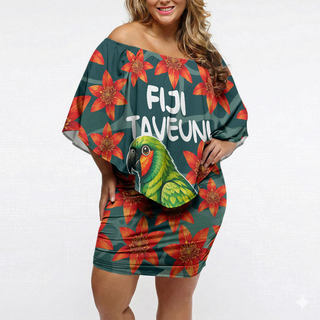 Fiji Taveuni Parrot Off Shoulder Short Dress Tropical Waterfall Landscape With Floral Tribal Pattern TS04 Women Green Orange - Polynesian Pride