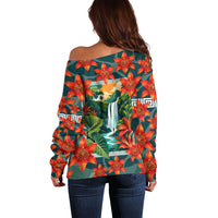 Fiji Taveuni Parrot Off Shoulder Sweater Tropical Waterfall Landscape With Floral Tribal Pattern
