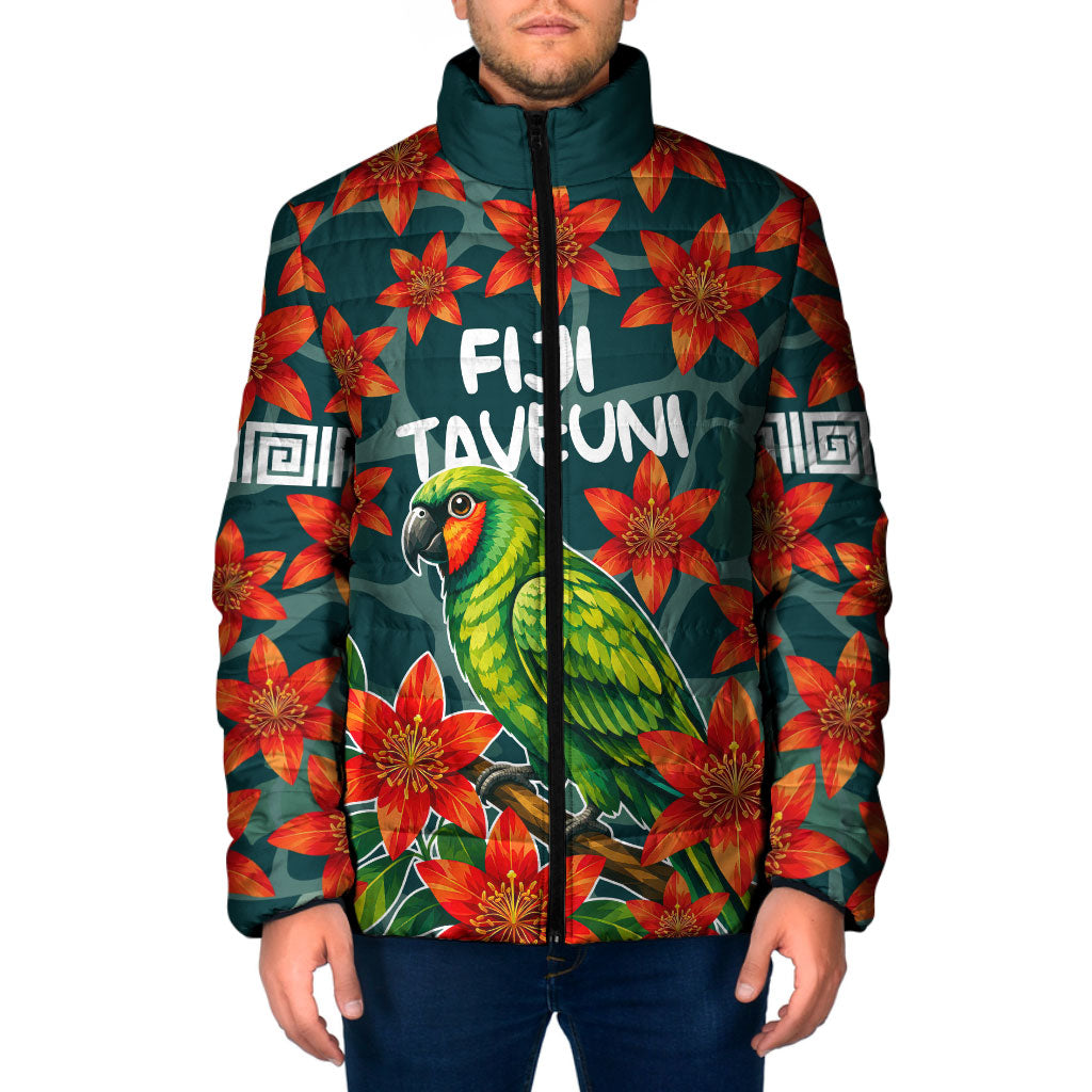 Fiji Taveuni Parrot Padded Jacket Tropical Waterfall Landscape With Floral Tribal Pattern TS04 Men Green Orange - Polynesian Pride