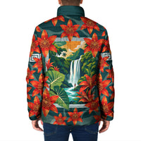 Fiji Taveuni Parrot Padded Jacket Tropical Waterfall Landscape With Floral Tribal Pattern