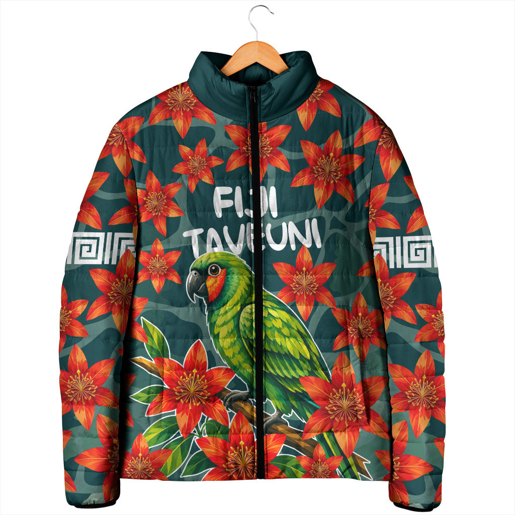 Fiji Taveuni Parrot Padded Jacket Tropical Waterfall Landscape With Floral Tribal Pattern