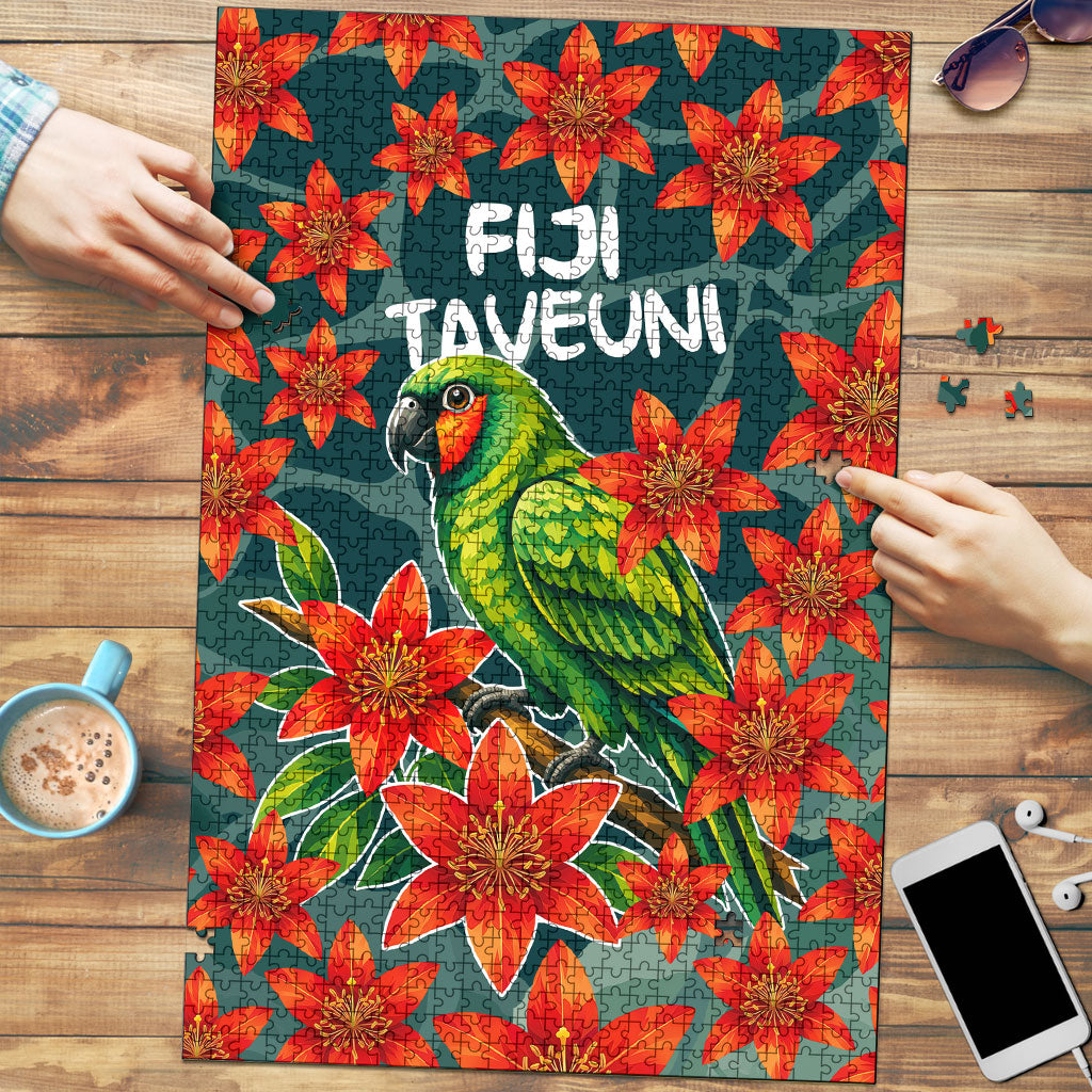 Fiji Taveuni Parrot Puzzle Tropical Waterfall Landscape With Floral Tribal Pattern