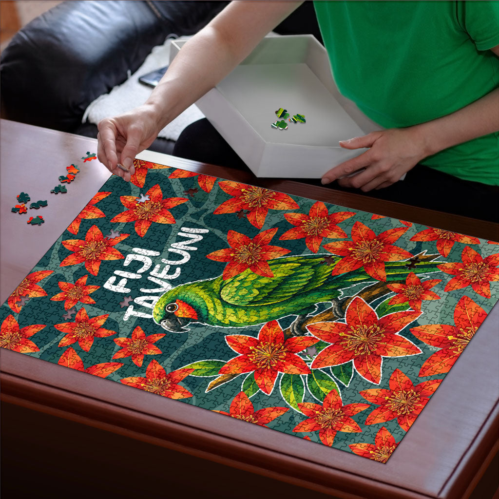 Fiji Taveuni Parrot Puzzle Tropical Waterfall Landscape With Floral Tribal Pattern