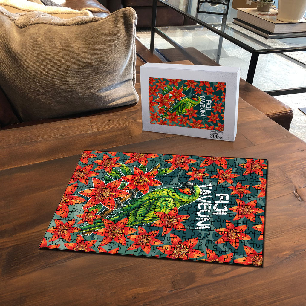 Fiji Taveuni Parrot Puzzle Tropical Waterfall Landscape With Floral Tribal Pattern