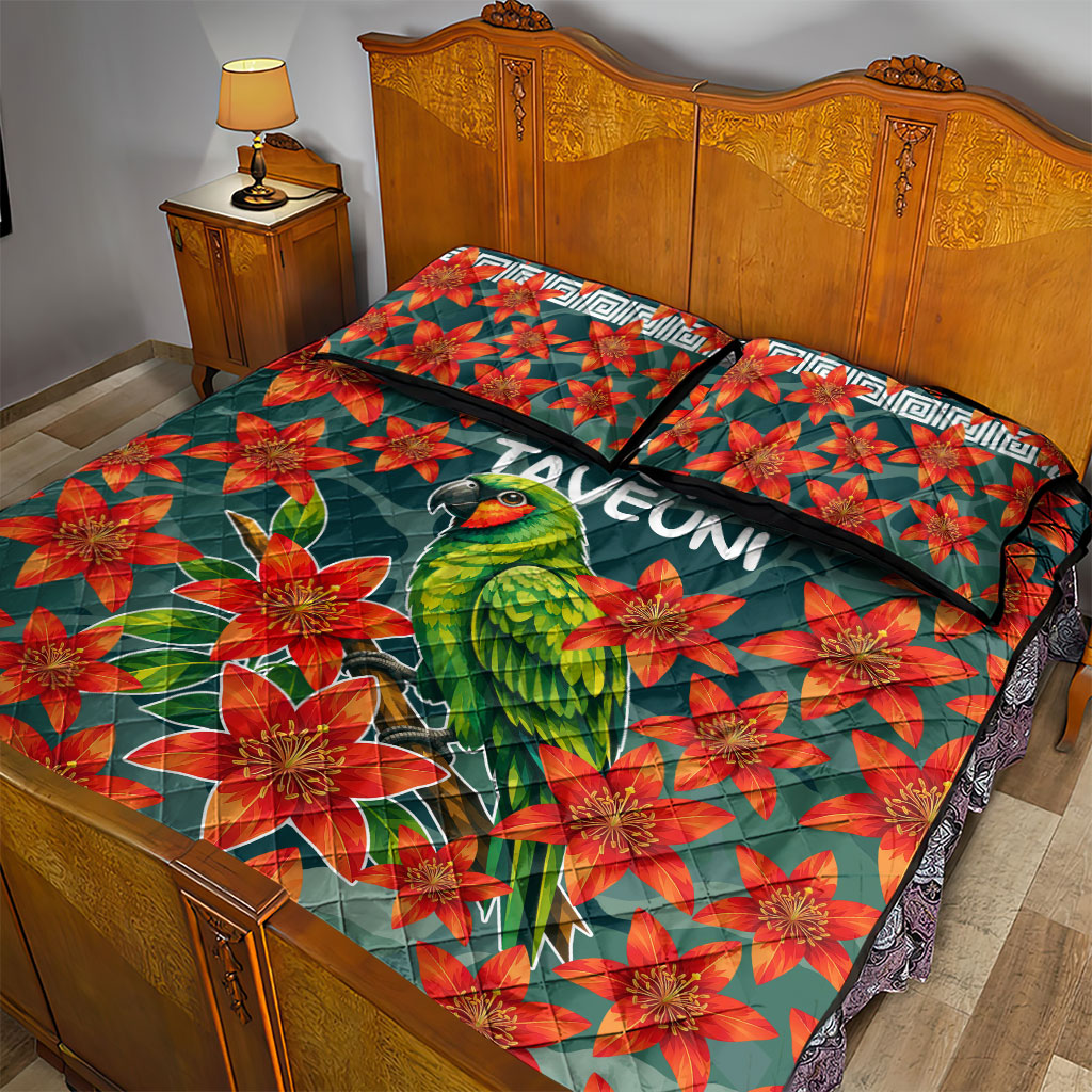 Fiji Taveuni Parrot Quilt Bed Set Tropical Waterfall Landscape With Floral Tribal Pattern