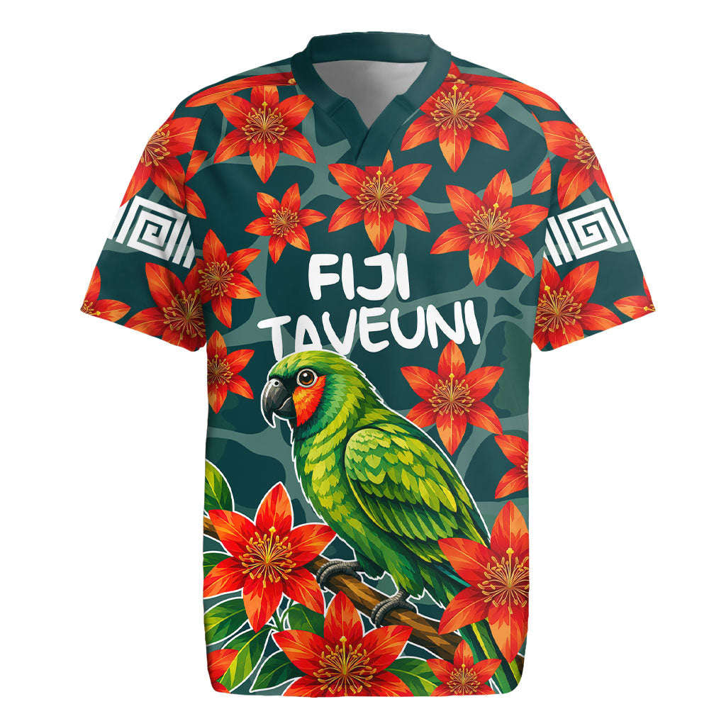 Fiji Taveuni Parrot Rugby Jersey Tropical Waterfall Landscape With Floral Tribal Pattern
