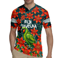 Fiji Taveuni Parrot Rugby Jersey Tropical Waterfall Landscape With Floral Tribal Pattern