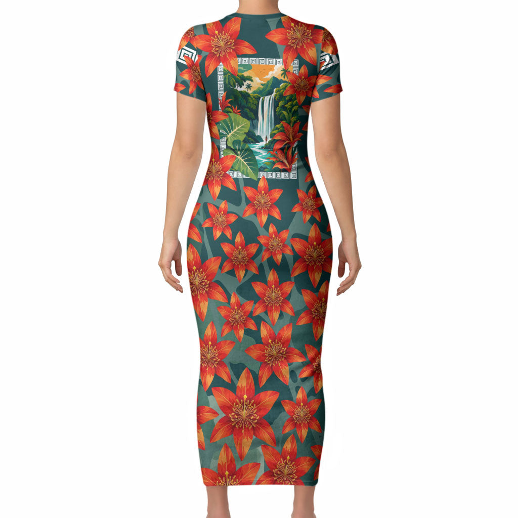 Fiji Taveuni Parrot Short Sleeve Bodycon Dress Tropical Waterfall Landscape With Floral Tribal Pattern